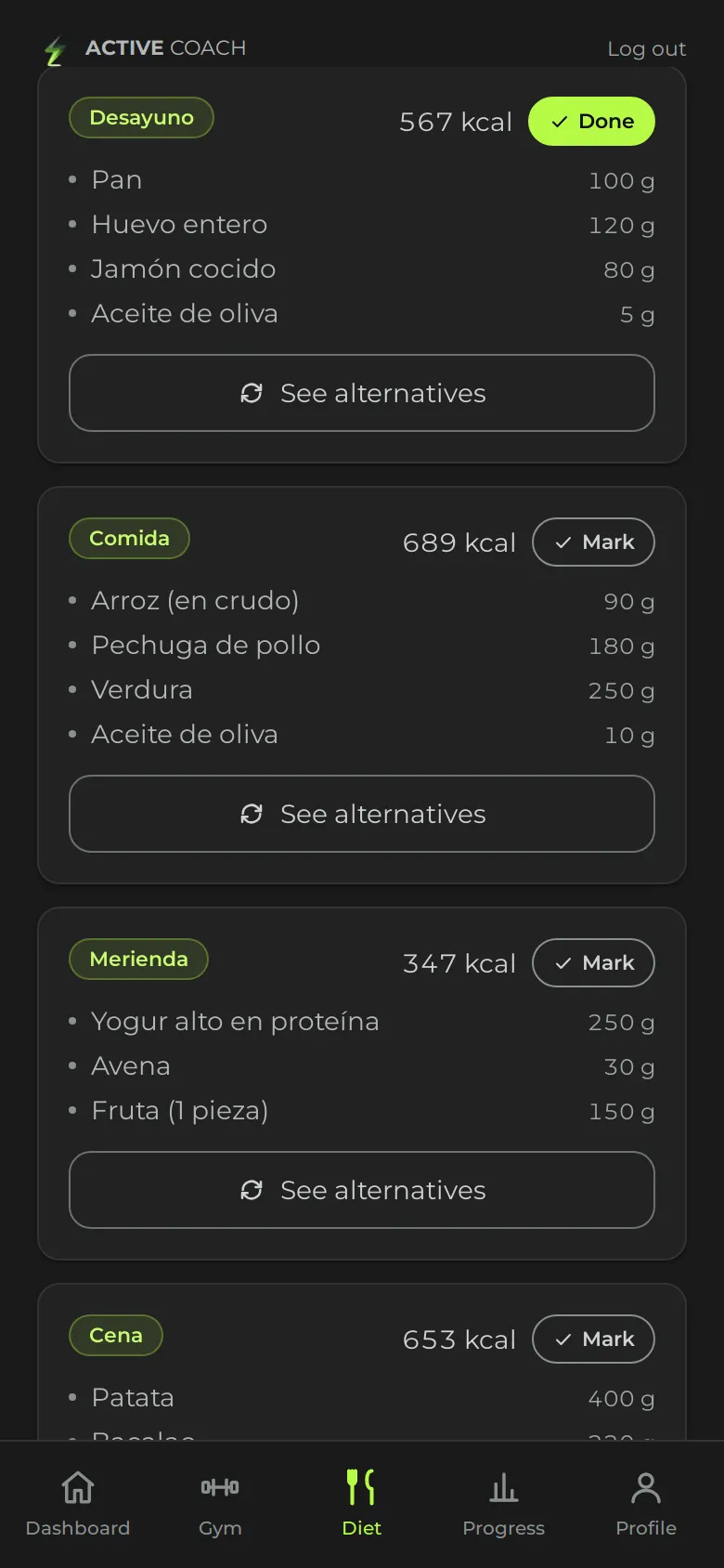Client app: diet plan with today's meals and the grams of each food