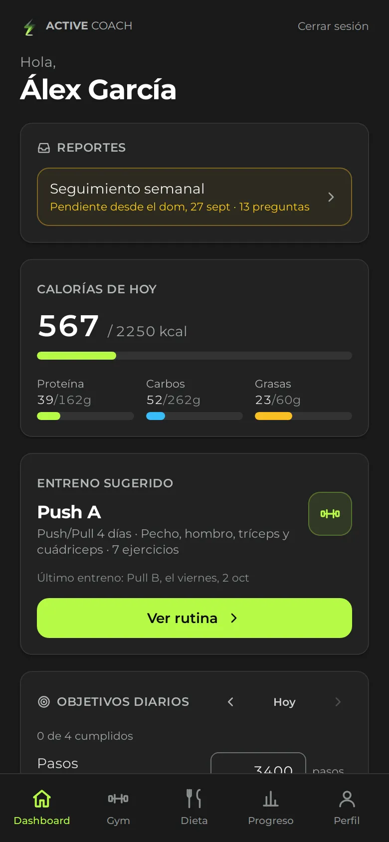 App del cliente: inicio con las calorías del día y el entreno sugerido