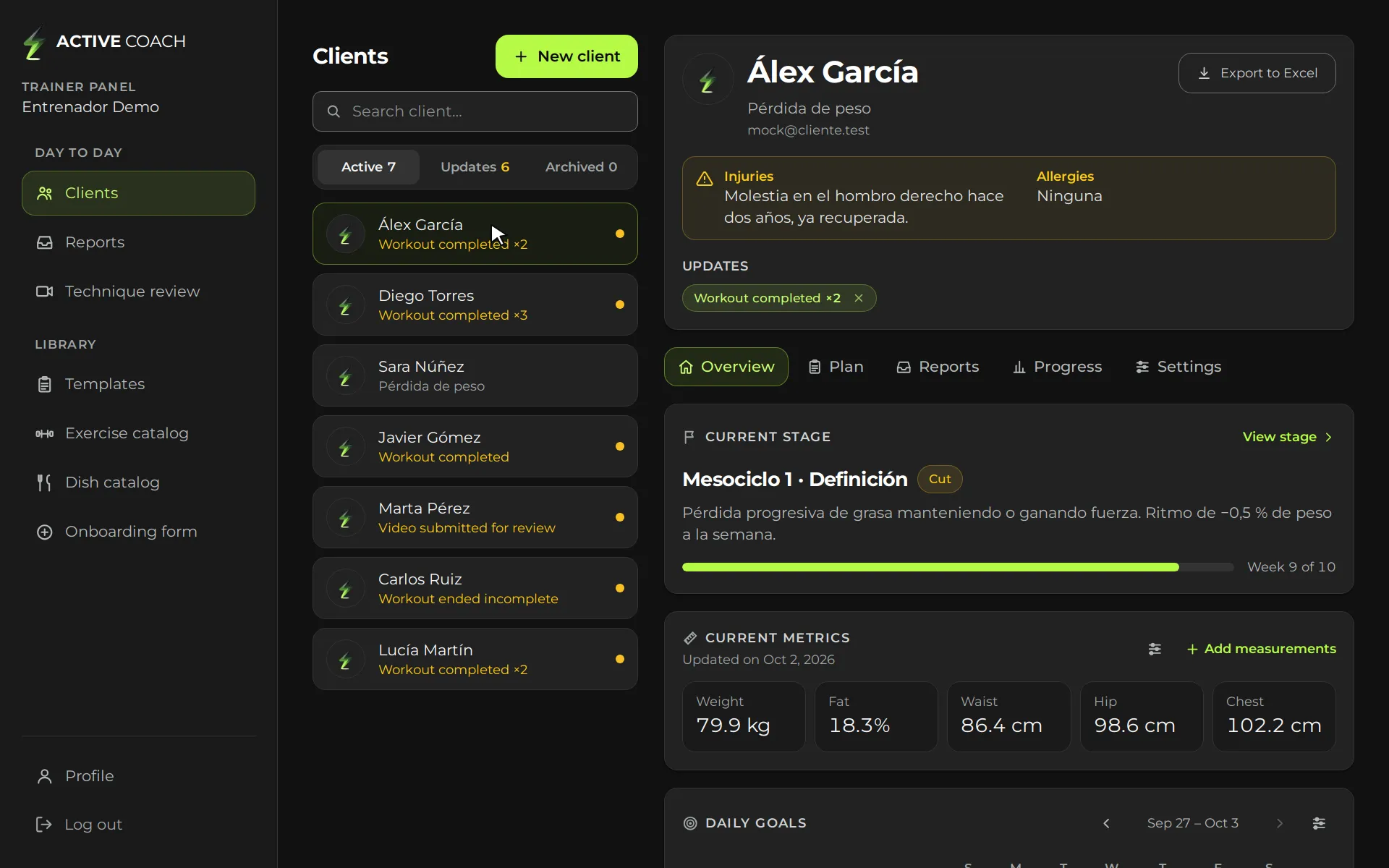 Trainer panel: client list with their updates and a client profile with their current stage and metrics